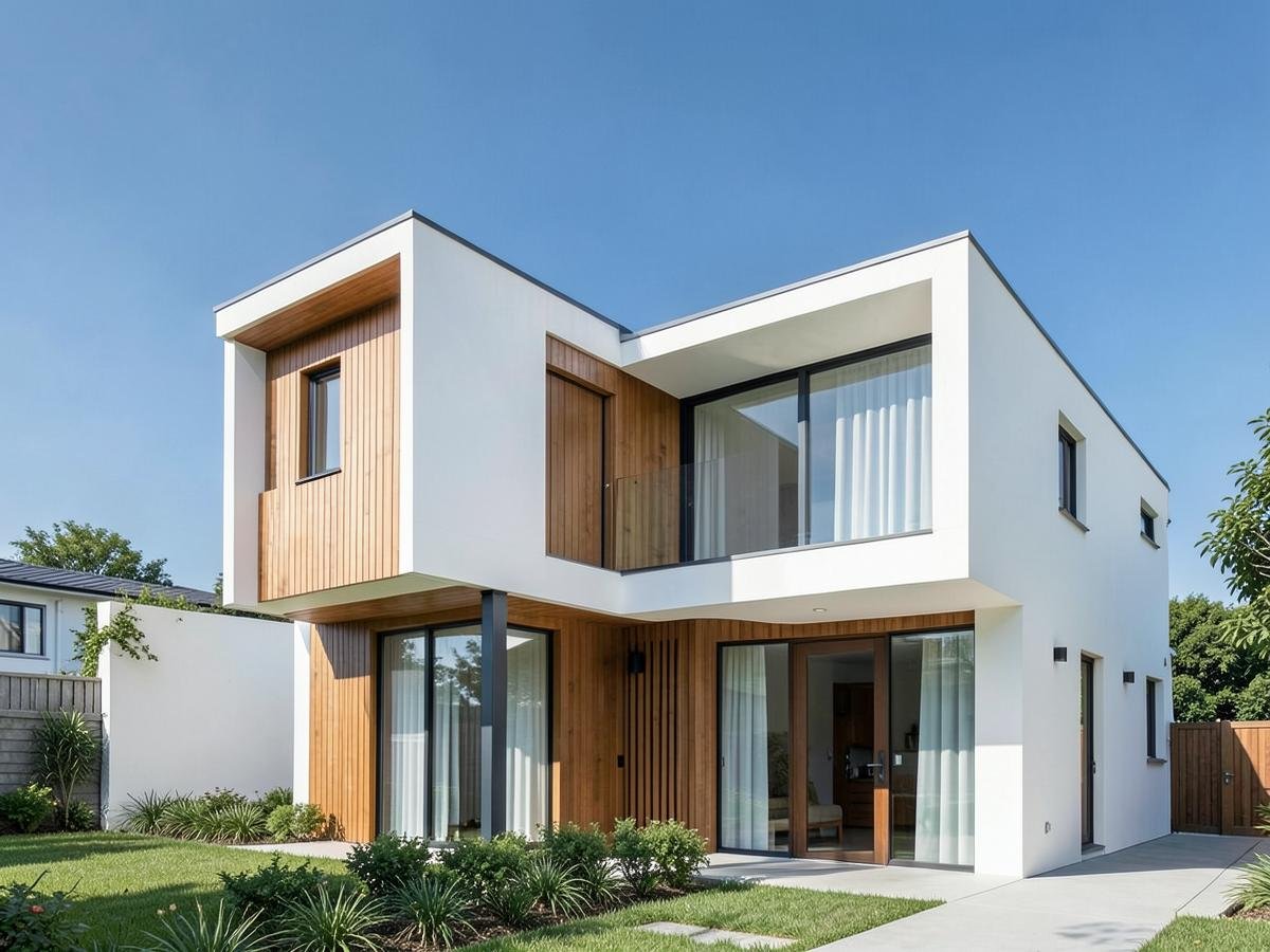 Fachada de casa contemporânea com volumes brancos e madeira